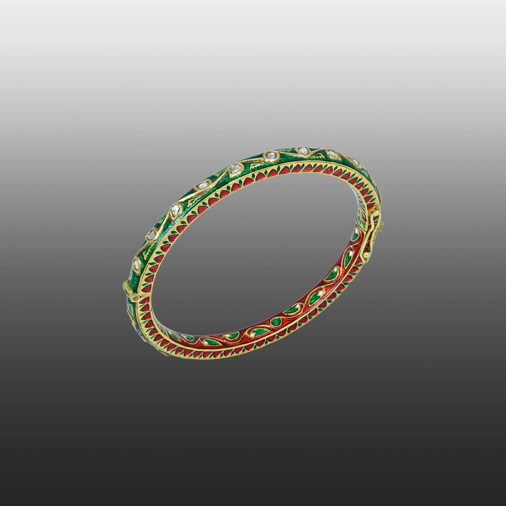 Polki Bangle with Green and Red Enamel Floral Design